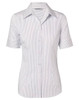 A women's short-sleeve button-up shirt in white with blue ticking stripes, featuring a collar and a fitted design.