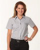 A short-sleeved women's button-up shirt in fine stripes, featuring a classic collar and a fitted silhouette.