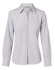 A light grey women's fine stripe long sleeve button-up shirt with a classic collar and button closure.