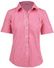 A short-sleeve button-up shirt in red and white gingham check pattern, featuring a collar and a branded label.