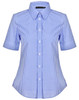 A blue and white gingham check short-sleeve button-up shirt with a collar. Features a logo on the label.