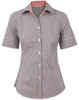 A women's short-sleeve button-up shirt in black and white gingham check pattern, featuring a contrasting inner collar.