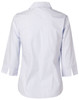 A light blue women's button-up shirt with 3/4 sleeves and an open collar, featuring a back view.