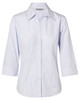 A light blue women's button-up shirt with 3/4 sleeves, featuring a collar and a logo.
