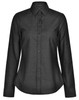A black pin dot stretch long sleeve shirt with a button-up front and a collar. It features a logo on the label.