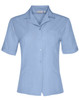 A light blue short sleeve overblouse with a collar and one chest pocket, featuring a logo.