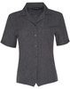 Women's short sleeve overblouse in dark grey with a collar, featuring a button-down front and a chest pocket.
