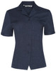 A navy short sleeve overblouse with a button-up front and a collar, featuring a logo.