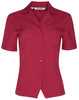 A short-sleeve overblouse in a rich burgundy colour with a collar and a single chest pocket. Features a logo.