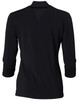 A black mid sleeve knit top with a collar and a smooth back design, featuring a brand logo.