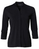 A black mid sleeve knit top with a wrap-style front and a subtle collar, featuring a logo at the neck.