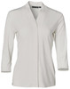 A white mid-sleeve knit top with a V-neck design. Features a minimalistic style and a logo tag.