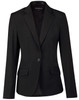 A black wool blend stretch cropped jacket featuring a one-button closure and two front pockets. Includes branding.