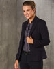 A cropped women's blazer in navy with a single button, paired with a dark shirt and sleek hairstyle.