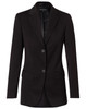 A black mid-length jacket with two buttons and a fitted design. Features pockets and a logo on the label.