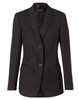 A black mid-length women's jacket with two buttons and a tailored design, featuring pockets and a single vent.