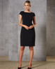 A black cap sleeve dress with a fitted silhouette, featuring a scoop neckline and an elegant design.