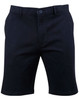 Men's stretch cotton chino shorts in navy, featuring a button closure and front pockets. Includes a logo.