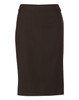 A mid-length pencil skirt in dark brown, made from poly/viscose stretch fabric, featuring a simple design and waistband.