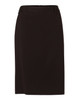 A black mid-length lined pencil skirt in poly/viscose stretch fabric, featuring a waistband and a zipper closure.