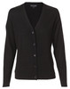 A black women's 100% Merino wool long sleeve cardigan with a v-neck and button closure, featuring a subtle logo.