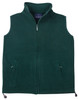 A unisex polar fleece vest in dark green with a zip front and two side pockets. Features a logo on the inside.