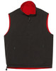 A unisex reversible vest featuring a dark exterior and a bright red interior, with side zip pockets and a high collar.