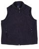A navy fleece vest for men, featuring a front zip and two zippered pockets. It has a minimalistic design and a logo.