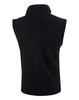 A black polar fleece vest with a high collar and no sleeves, featuring a logo on the back.