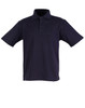 A navy blue children's polo shirt with a collar and short sleeves, featuring a button placket and a logo.