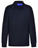 A navy long sleeve polo shirt made from traditional poly/cotton pique knit, featuring a collar and three buttons.