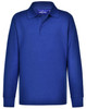 A blue long sleeve polo shirt made from traditional poly/cotton pique knit, featuring a three-button placket and a collar.