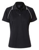 A black polo shirt featuring white piping, short sleeves, and a collar. It has a logo on the chest area.