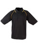 A black polo shirt with yellow detailing and a collar, featuring a logo on the chest area.