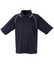 A black polo shirt with short sleeves and a contrasting collar, featuring a logo on the chest.