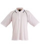 Men's polo shirt in white with black accents, featuring a collar and short sleeves. It has a logo on it.