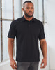 A black polo shirt with a collared neckline and short sleeves, featuring a logo on the chest.