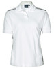 A white ladies' polo shirt featuring a collar, short sleeves, and side panel detail. Includes a logo on the front.