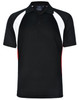 Men's tri sport polo shirt in black, featuring white and red accents and a collar. It has a logo on the front.