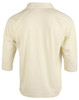 A cream-coloured men's 3/4 sleeve cricket polo shirt with a back view and a logo on the side.