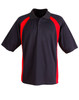 A black and red polo shirt with short sleeves and a collar, featuring a logo on the chest.