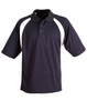A navy blue polo shirt with white side panels, featuring a collar and three buttons. It has a logo on the chest.