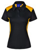 A black and yellow ladies' polo shirt featuring a collar and short sleeves, with a branding logo on the chest.