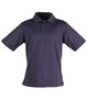 A navy blue men's polo shirt with a collar and short sleeves, featuring a logo.
