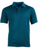 A teal men's polo shirt featuring a collar, short sleeves, and a subtle branding logo.