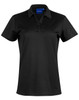 A black short sleeve polo shirt with a collar and button detailing, featuring a logo on the chest.