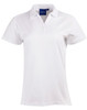 A white short sleeve polo shirt with a classic collar and a logo on the chest.