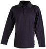 A long sleeve polo shirt in dark navy with a collared neck and a button front. It features branding on the chest.
