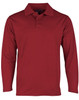 A long sleeve polo shirt in a rich red colour, featuring a collar and three-button placket. It has a logo on the chest.