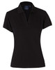 A black ladies' polo shirt with a collared neckline and short sleeves. It features a logo on the chest area.